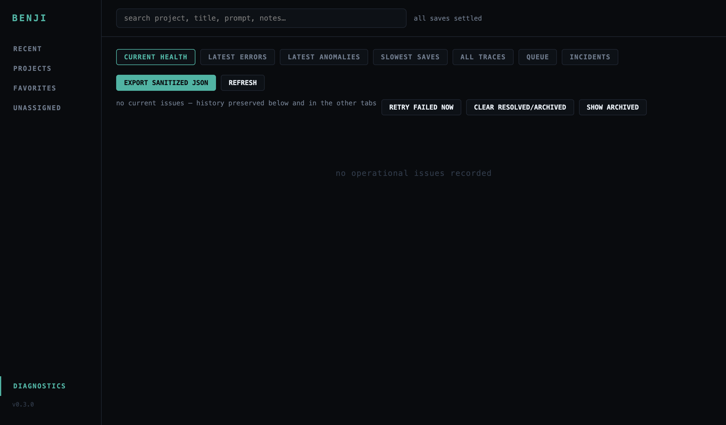 Actual Benji diagnostics health interface